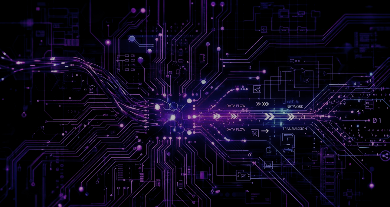 Abstract dark technological circuit board patterns with purple glow